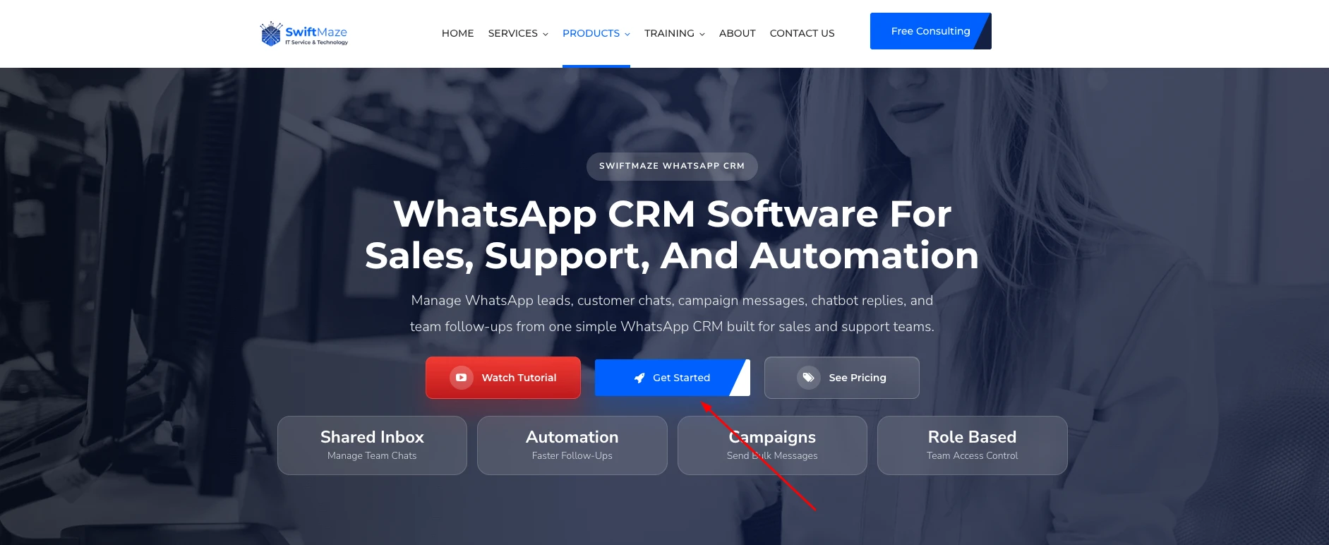 get started button on swiftmaze crm
