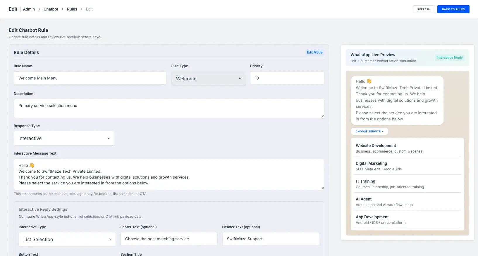 whatsapp chatbot rules in swiftmaze crm